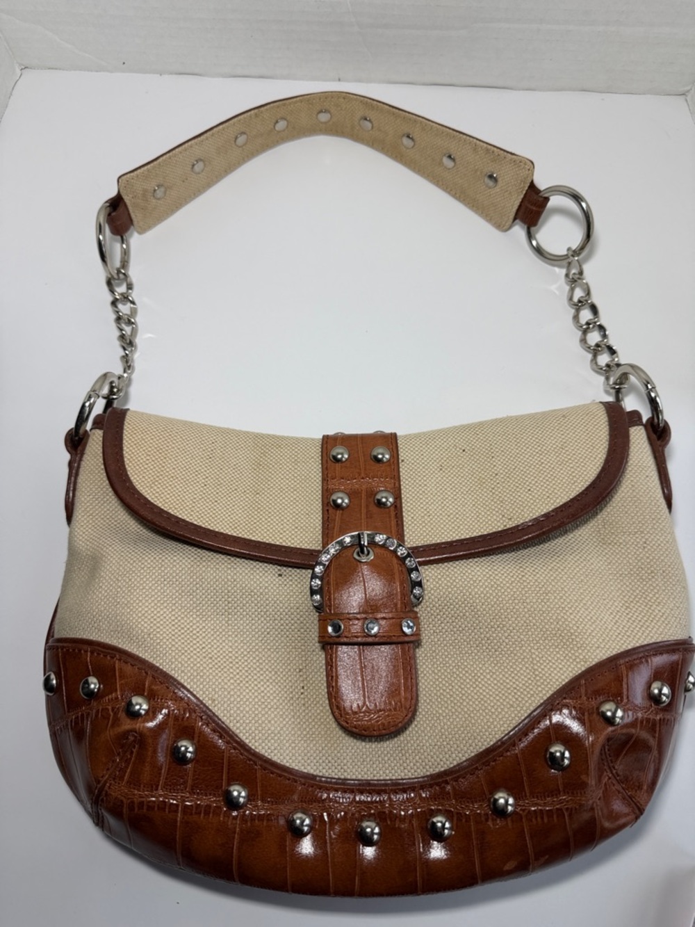 M.C Canvas Shoulder Bag with Brown Leather Trim and Stud Accents